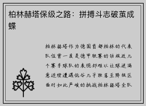 柏林赫塔保级之路：拼搏斗志破茧成蝶